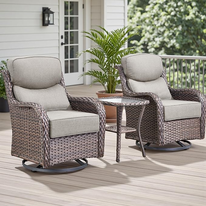 Rilyson Outdoor Patio Furniture Set - Weather Resistant Wicker,High Back,6 inch Cushions,3 Piece Patio Bistro Set with Swivel Rocker Chairs and Side Table for Deck Porch Yard,Brown/Beige