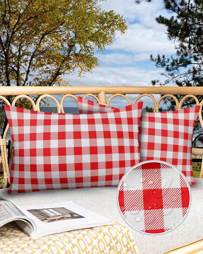 Outdoor Waterproof Throw Pillow Covers Set of 2 Red White Buffalo Plaid Lumbar Pillowcases 20x12 Inches Pastoral Checked Decorative Pillows Cushion Case Patio Pillows for Couch Bed Chair Garden