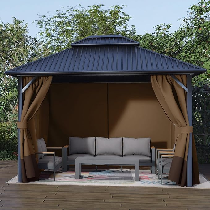 Aoodor 10x13 ft Outdoor Gazebo Curtains, 4 Panels Waterproof Privacy Sidewall Replacement with Zipper for Patio Pergola and Canopy, Brown and Coffee