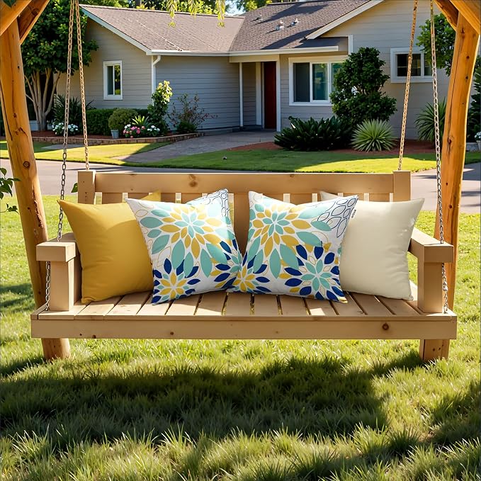 Floral Outdoor Pillow Covers Light Blue Yellow 18x18 Set of 2 | Waterproof Throw Pillow Cases Spring Decorative Summer Cushion Covers for Patio Furniture Garden Bench Porch Sofa