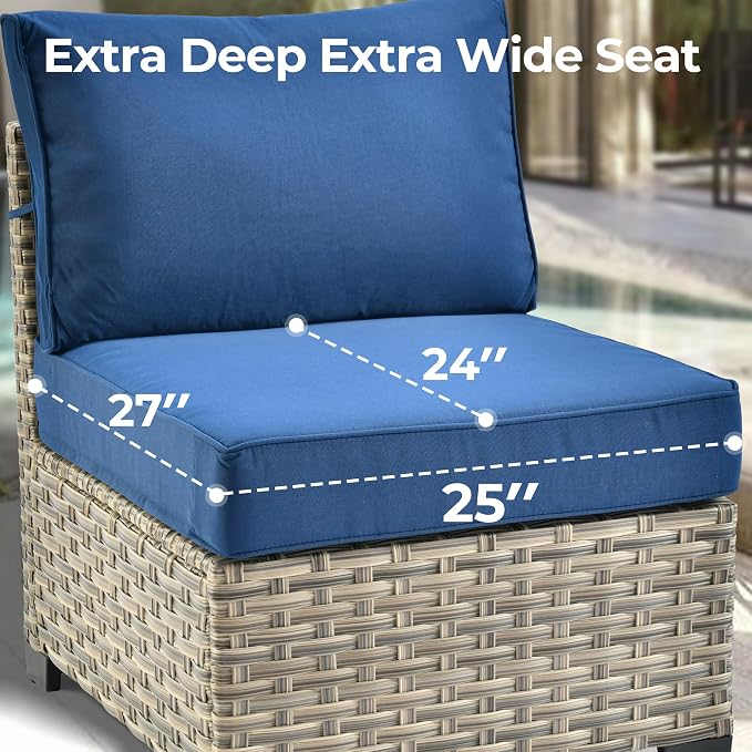 HOOOWOOO Outdoor Sectional Patio Furniture Set with Fire Pit Table,13 Pieces Wicker Conversation Sets L Shaped Couch,Extra Deep Out Door Sofa Outside Furniture with Swivel Chairs Ottomans,Navy Blue