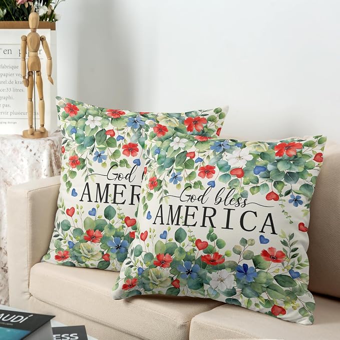 Patriotic Pillow Covers 4th of July Memorial Day Throw Pillow Covers 24x24 God Bless America Pillow Cases Eucalyptus Leaf Floral Outdoor Cushion Case for Living Room Sofa Couch 2Pcs