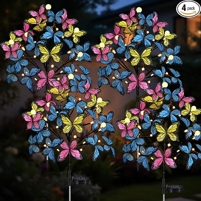 Meagoo Butterfly Solar Lights for Outside, 800mA Whimsical Solar Powered Butterfly Garden Stakes with 20 Butterflies for Outdoor Yard Lawn Flower Garden Cemetery Mothers Day Grave Decorations (4 Pack)