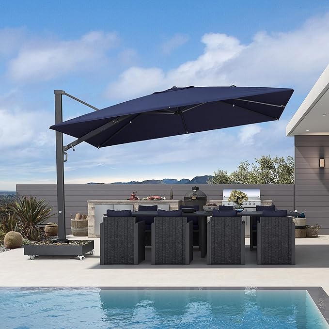 PURPLE LEAF 12' X 9' Space Saving Rectangle Patio Umbrella with Base Included Large Patio Aluminum Offset Umbrella with 360-degree Rotation Cantilever Umbrella for Backyard Pool Garden Deck Navy Blue