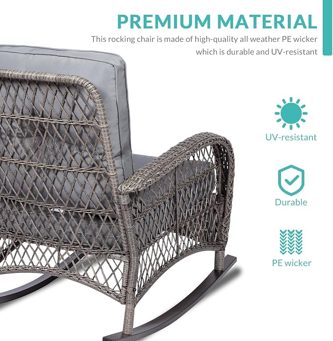 MEETWARM 4 Pieces Outdoor Wicker Patio Conversation Sets with Glider Loveseat, 2 Chairs with Glass-Top Coffee Table Rocking Chair Set, Wicker Conversation Set w/Thickened Cushions, Gray