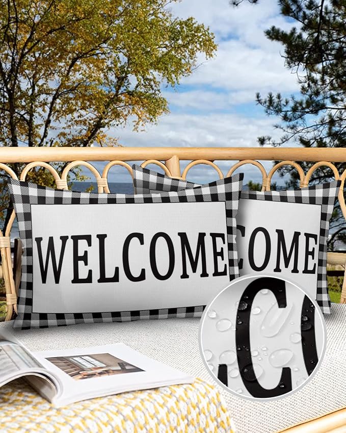 Outdoor Waterproof Pillow Covers for Patio Furniture Black Buffalo Check Plaid Decorative Throw Pillow Cover Welcome Pillowcases Set of 2 Cushion Case for Sofa Couch Chair Home Decor 20x12 inch