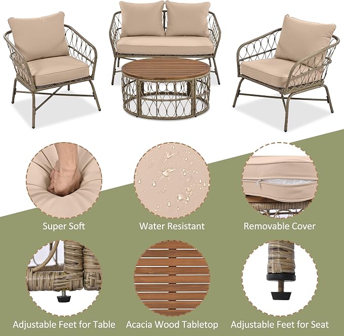 LUMISOL 4 Piece Patio Furniture Set, Outdoor Seating Group with Removable Cushions and a Coffee Table with Wooden Table Top, All Weather Patio Conversation Set for 4 Persons, Beige