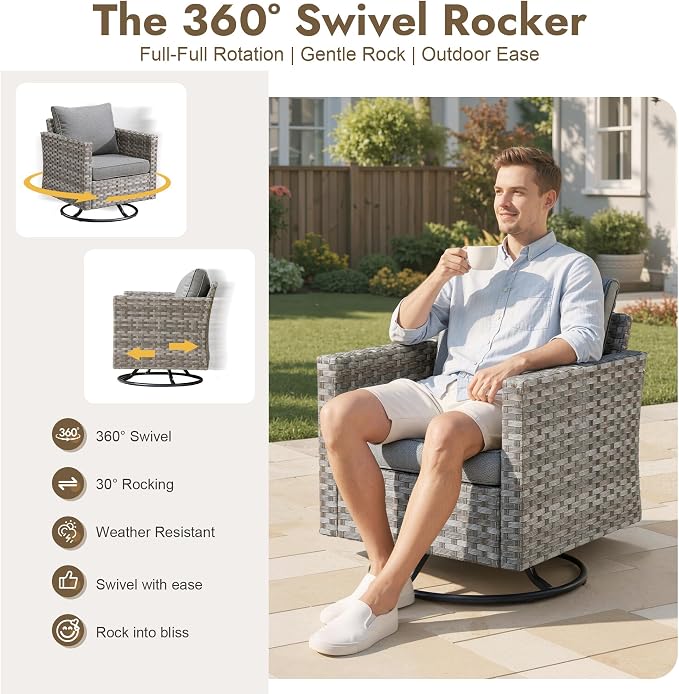 10 Pieces Outdoor Patio Sectional, Wicker Patio Furniture Set with 42 inch Fire Pit Table, All-Weather L Shaped Patio Conversation Set with Swivel Chairs, for Backyard Porch Yard,Dark Grey