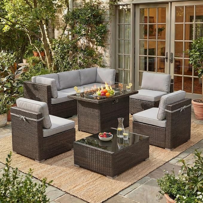LayinSun 8 Pieces Outdoor Patio Furniture Set with 44" Fire Pit Table Brown Rattan Sectional Sofa Conversation Sets