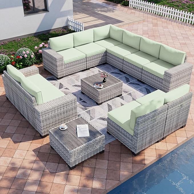 12-Piece Outdoor Patio Furniture Set Wicker Sectional Sofa Set, Patio Conversation Set with Thickened Cushions & Coffee Table for Garden, Backyard, Poolside, Light Green
