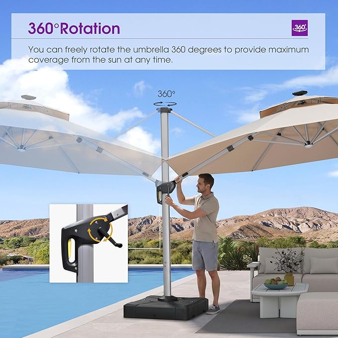 PURPLE LEAF 13ft Patio Umbrella with Lights Outdoor Round Large Cantilever Umbrella Solar Powered LED Windproof Offset Umbrella Heavy Duty for Garden Deck Pool Patio, Beige