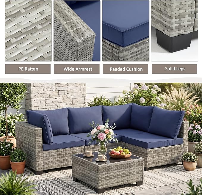 ANJ 7 Piece Outdoor Wicker Patio Furniture Set, Modular Loveseat Sofa with with Glass Top Coffee Table, All-Weather Rattan Conversation Couch Set for Balcony, Backyard, Light Grey Wicker-Blue
