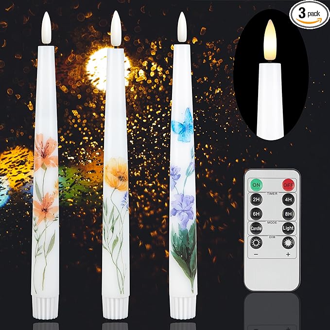 Spring Flameless Taper Candles with Flowers, 9.6" Real Wax LED Candles with Remote, 3 Pack Flickering Candlesticks Battery Operated, Fake Candle for Home, Wedding, Party Decor