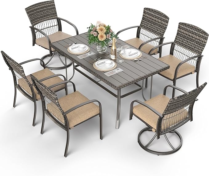 Pamapic 7-Piece Outdoor Dining Set with Table, Patio Furniture Includes 2 Swivel Chairs, 4 Wicker Chairs & Beige Removable Cushions, Weather Resistant Iron Frame for Backyard, Deck, Garden (Beige)