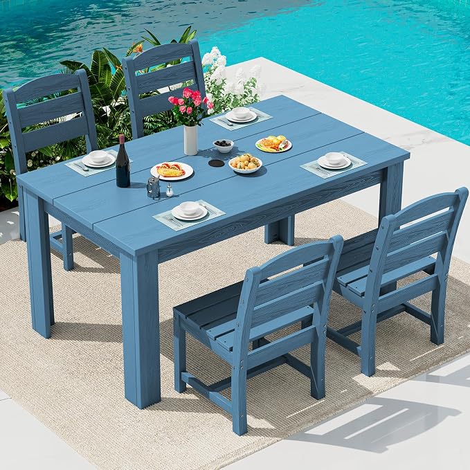 SERWALL 59" Outdoor Dining Set for 4, w/ 1 Table & 4 Armless Chairs, Blue | Armless Patio Dining Sets for All Weather Use