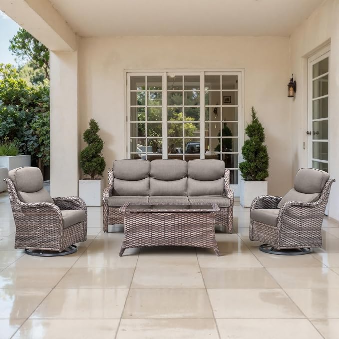 Outdoor Swivel Rocker Patio Chairs Set of 4 with Sofa - 5" Thick Cushion 4 Piece Furniture Set with Sofa All Weather Wicker Conversation Set for Porch Deck - Brown Wicker | Grey Cushions