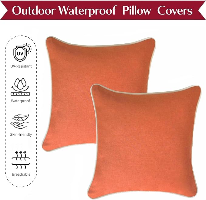 HER HWA Outdoor Throw Pillow Covers White Piping 18"x18" Set of 2, Orange | durable fade-resistant water-resistant 100% polyester white piping smooth zipper machine washable for indoor outdoor décor