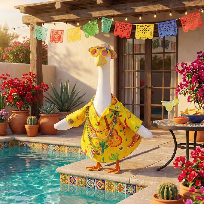 6 Pcs/Set Hawaiian Porch Goose Outfits, Mexican Style Summer Lawn Goose Costume, Garden Goose Clothes Yellow Shirt with Straw Hat Glasses Necklaces for 23" H Statue Outdoor Patio Yard Decor