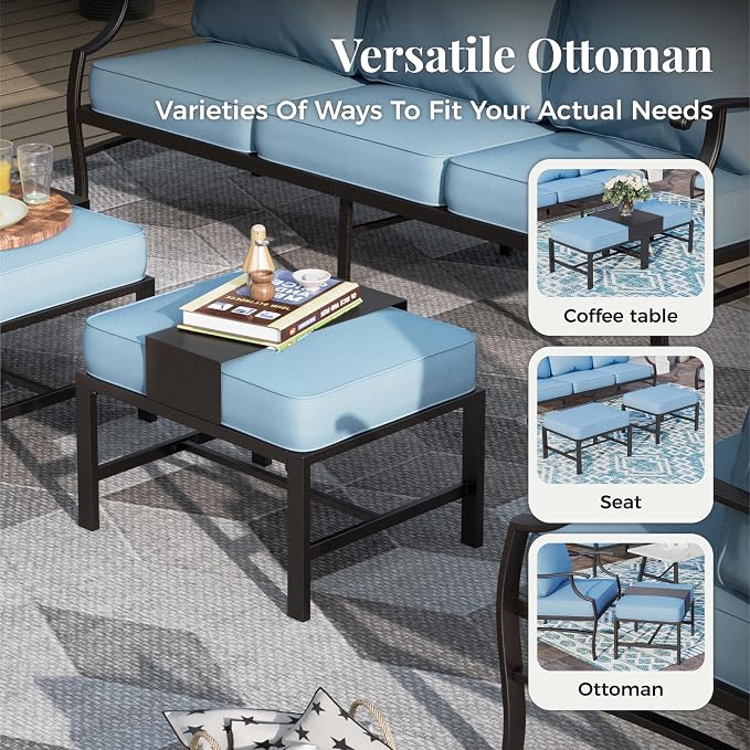 MIXPATIO Patio Furniture Set 6 pcs, Outdoor Patio Furniture, 3-Seat Sofa, 2 Single Chairs, 2 Ottomans, Coffee Table and 5.75" Extra Thick Cushion, Patio Conversation Set for Garden Backyard Deck,Blue