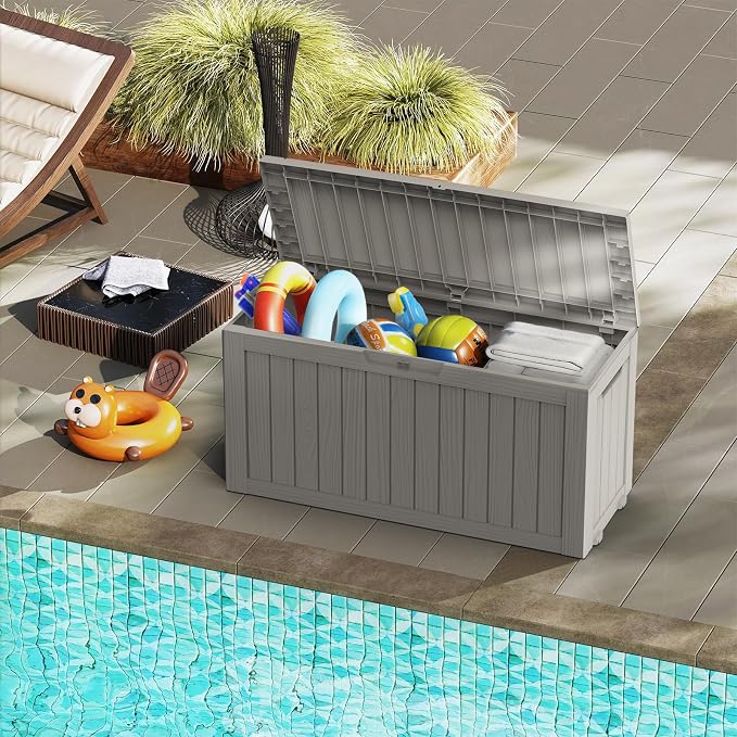 Mars Villa 72 Gallon Deck Box, Waterproof Weatherproof and UV Resistant Resin Storage Bin with Lockable Lid, Ideal for, Outdoor, Patio Furniture Cushions, Pool Supplies, Garden Tools, Grey
