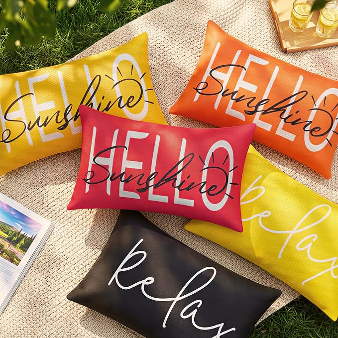 Lewondr Waterproof Outdoor Throw Pillow Cover, 12×20", Yellow | 2 Pack, Hello Sunshine Printing, Summer Garden Decor, For Patio Sofa, Balcony Couch, Bench Porch