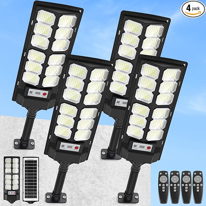 4-Pack Solar Street Lights Outdoor, 13000LM 6500K Waterproof LED Solar Flood Lights with Motion Sensor, Dusk to Dawn Solar-Powered Light for Outside, Security Lights for Parking Lot Yard Driveway
