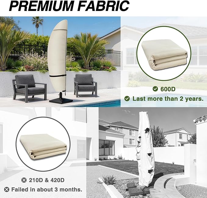 Porch Shield Patio Umbrella Cover - Outdoor Waterproof Garden Offset Banana Parasol Cover Fits Cantilever Offset Umbrella 7.5-11.5 Feet, Beige