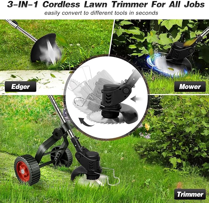 Electric Weed Wacker Cordless, Weed Eater Battery Powered with 2*2000mAh Battery,Wheels, Lightweight Grass Trimmer Cordless with 3 Types Blade,Foldable Lawn Edger/Brush Cutter for Yard Garden