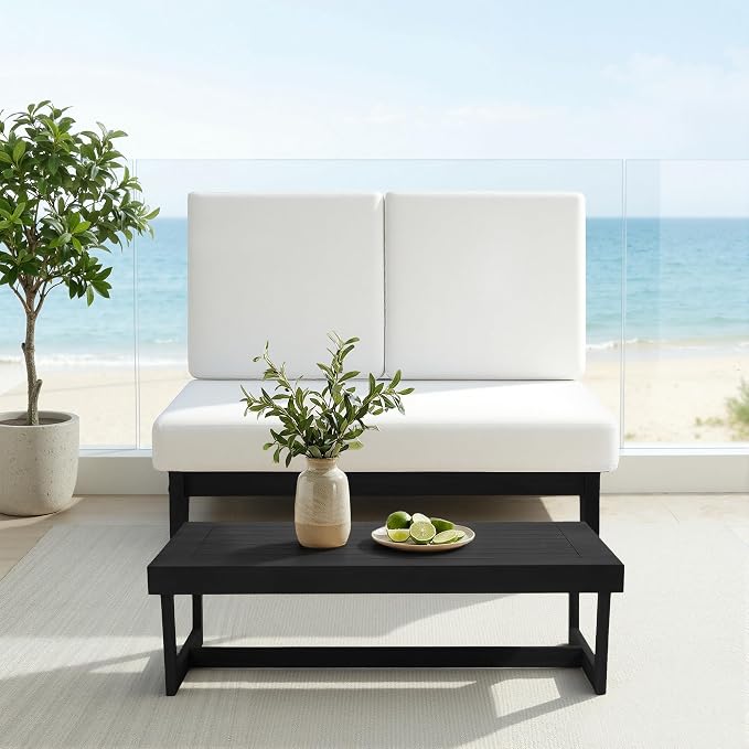 All Weather Patio Furniture Sets, 3 Pieces Black Wood Patio Loveseat Sofa Outdoor Sectional Futniture Backyard Conversation Set with Solid Wooden Coffee Table - Beige