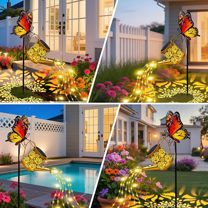 Solar Lights Garden Decor, Waterproof Solar Watering Can with Butterfly Garden Stakes, Outdoor Light with Cascading Lights for Yard Art Outside Patio Lawn Porch, Birthday Gift for Mom Women 2 Pack