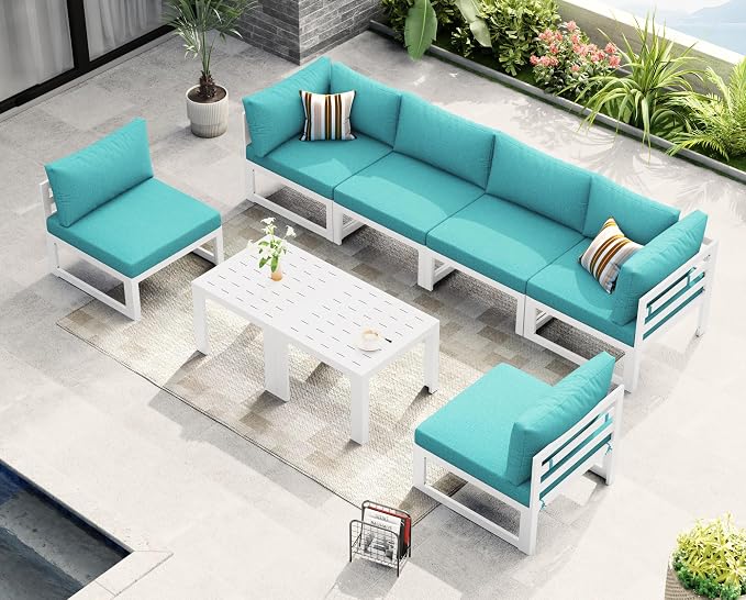 NICESOUL 8 Piece Oversized Modular Aluminum Outdoor Furniture Set with Coffee Table, 29" Deep and Wide Sectional Seating, 500 lbs High Weight Capacity Patio Conversation Set for Garden Deck, Turquoise