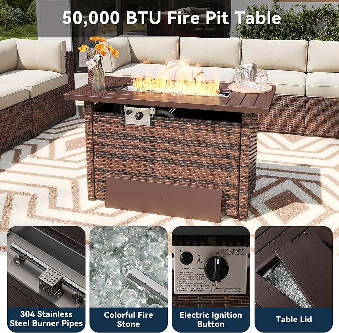 LazySunsets 15 Piece Outdoor Patio Furniture Set with 44'' Fire Pit Table, Outdoor Patio Furniture Set with 4'' Thicken Cushion, Wicker Rattan Outdoor Conversation Set for Backyard & Garden, Beige