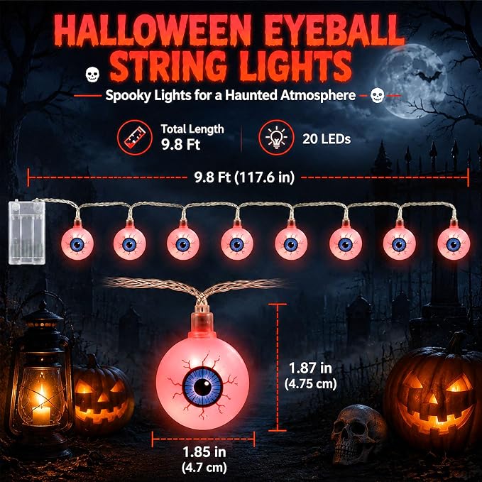 Crazy Night Halloween String Lights 10Ft 20 LEDs Battery Operated Red Eyeball Lights with Steady Flashing Modes Halloween Party Decor