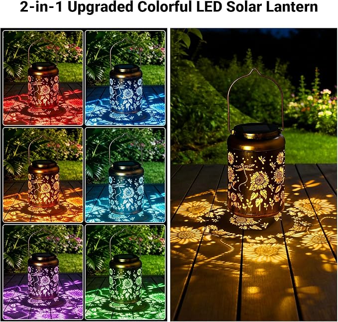 Waterproof Metal Dragonfly Solar Lantern Outdoor Hanging Garden Light | Colorful LED metal Dragonfly lantern; durable, waterproof outdoor decor perfect for patio, yard, or as a gift for women