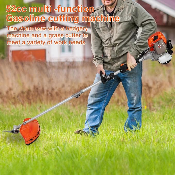 52cc-2 Cycle Weed Wacker Multi Functional, 5 in 1 Gas Powered Grass Trimmer, Weed Eater, String Trimmer, Brush Cutter - with Extension Pole Complete with Safety Accessories 2.3Kw 9500rpm Ora