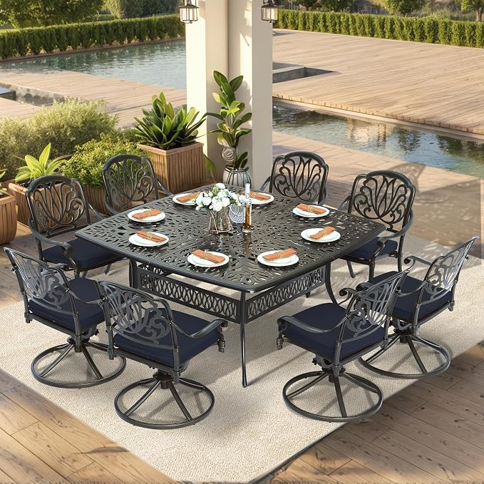 VIVIJASON 9-Piece Outdoor Furniture Dining Set, Cast Aluminum Patio Table and Chairs Set with 4 Stationary Chairs, 4 Swivel Rocker Chairs, 64" Large Square Dining Table, Umbrella Hole, Navy Blue