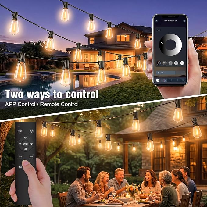 Outdoor String Lights 100FT, APP & Remote Control Dimmable Patio Lights, Plug in LED String Lights with Timer, Waterproof Backyard Pergola Garden Party Decor