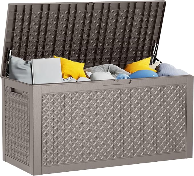 Vixzen 110 Gallon Deck Boxes Outdoor Waterproof, Large Resin Lockable Storage Box with lid for Patio Furniture Cushions, Weatherproof Outdoor Storage Boxes for Garden Tools & Pool Accessories(Grey)