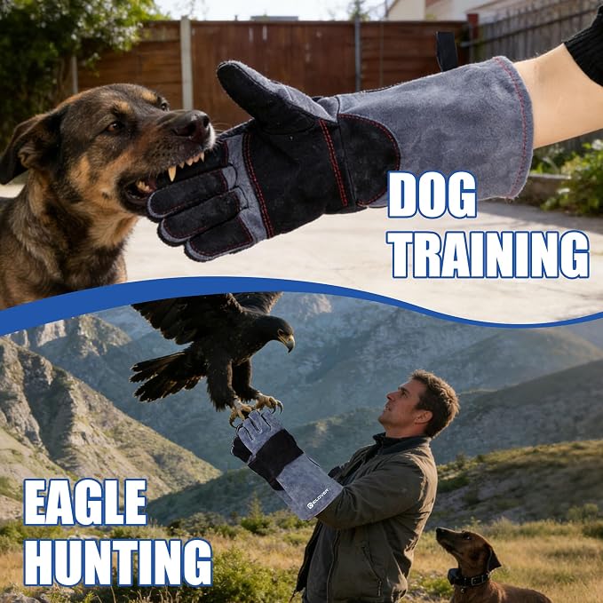 IC ICLOVER Animal Handling Gloves, Snake Bite Proof Gloves, Double Leather | Cat, Dog Training, Bird, Falconry, Snake Reptile Handling, Animal Control, Reinforced Palm Padded, Anti Bite Scratch Gloves
