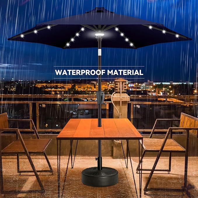 7.5ft Solar Umbrella Outdoor - Lighted Solar Patio Umbrella with 24 LED Lights Waterproof UV Protection, Table Umbrella with Tilt for Pool, Porch, Garden, Deck, Backyard (Navy Blue)