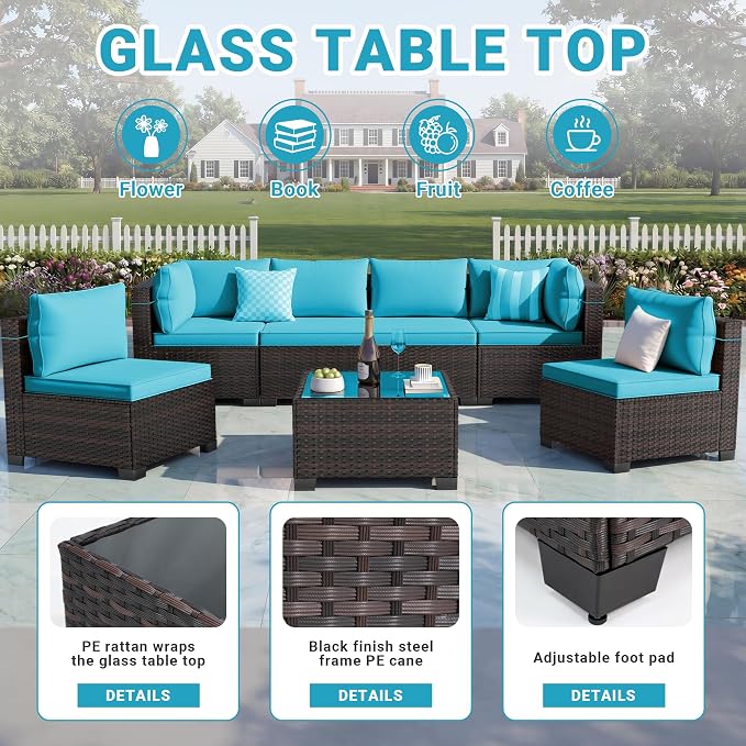 LEVELEVE 7-Piece Outdoor Patio Furniture Sets, Manual Weaving Rattan Conversation Sectional Sofa with Tempered Glass Coffee Table, All-Weather PE Wicker & Thick Cushions for Garden, Backyard, Porch