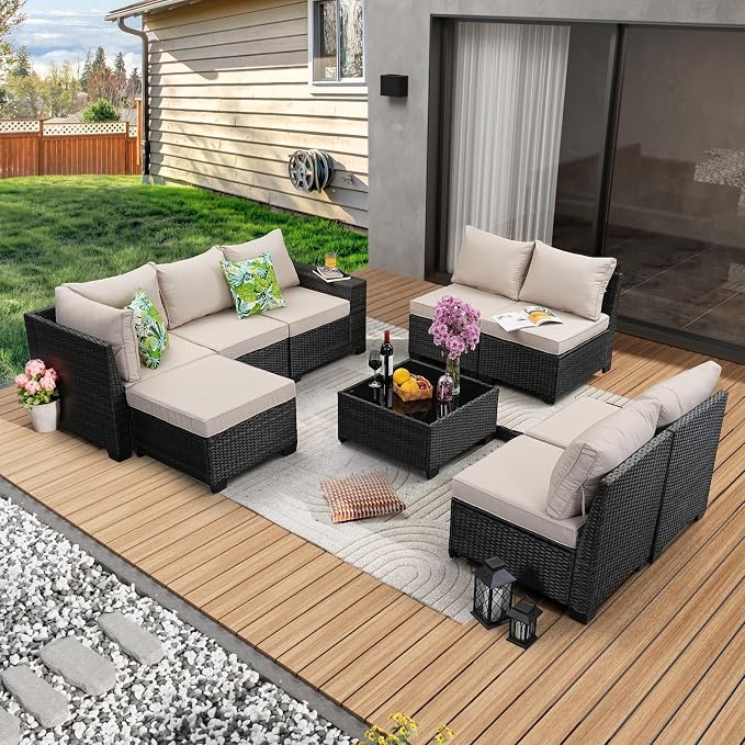 JOYURE 9 Pieces Patio Furniture Set All-Weather Outdoor Wicker Sectional Conversation Sofa Rattan Patio Seating Sofa with Cushion and Glass Table and Ottoman for Porch Poolside,Beige