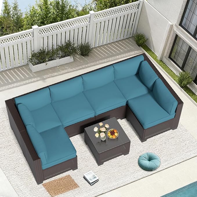 YLGJ&TIDY 7-Piece Outdoor Sectional Patio Furniture Set, All-Weather Wicker Rattan Sofa w/Thick Washable Cushions & Tempered Glass Table, Perfect for Garden, Poolside, Backyard (7, Peacock Blue)