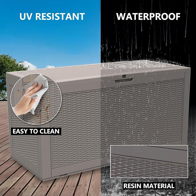 DIKEP 100 Gallon Polypropylene(PP) Deck Box Lockable Outdoor Storage Box for Patio Furniture Cushions, Garden Tools, Pool Supplies | Built-in Handles Waterproof Storage Container, Gray