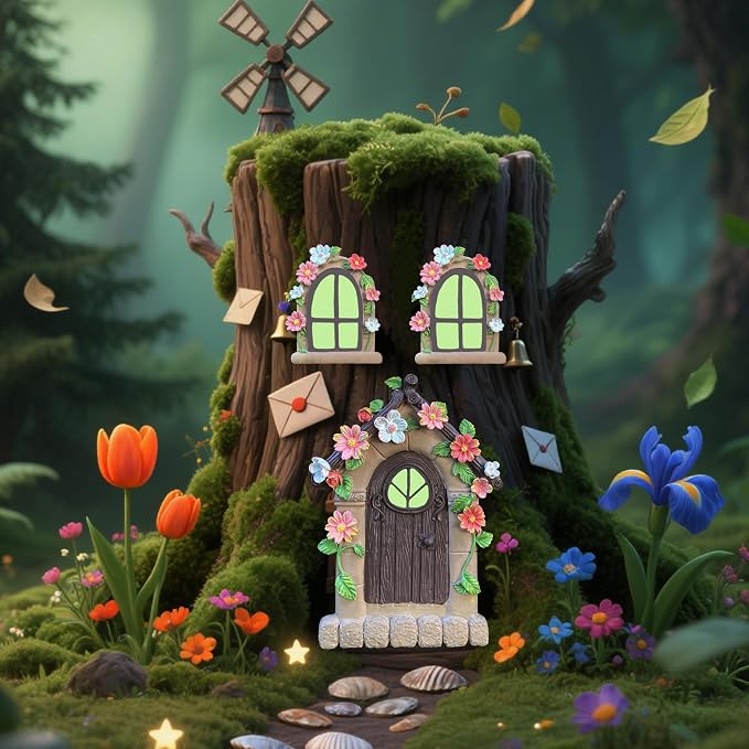 FESTGLOX Fairy Garden Door and Windows for Trees Outdoor, Glow in The Dark | Fairy Garden Door House Kit Miniature Accessories for Tree Trunk, Gnome, Outdoor Yard, Stump, Lawn