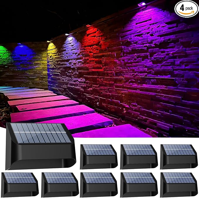 Yivsen Solar Fence Lights, Warm White & RGB Fence Lights Outdoor Step Lights Outdoor Waterproof LED Solar Lighting for Outside, Backyard, Patio, Deck, Stair Handrail, Pool and Wall(8 Pack,Black)