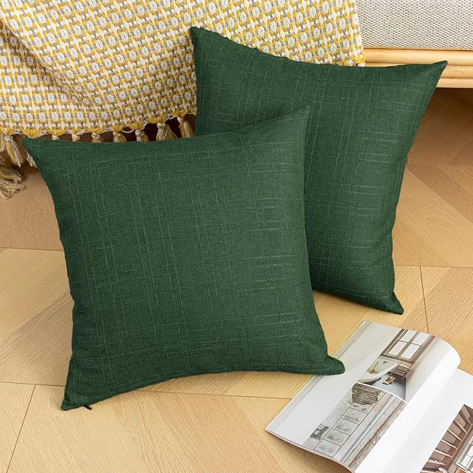 Kevin Textile Outdoor Waterproof 20”x20” Pillow Covers 2 Pack, Army Green | Water Resistant, Soft Faux Linen-cotton Yarn-dyed Woven Texture Throw Pillow Covers for Tent Patio Garden Couch Sofa