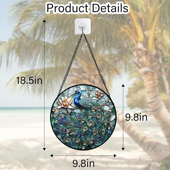 DASTOLL Stained Glass Window Hanging, Blue Peacock Decoration Suncatcher for Door Garden Home Flower Bird Sun Catchers Christmas Mother's Day Birthday Gifts for Women Men Mom Nana Friend 9.8 in