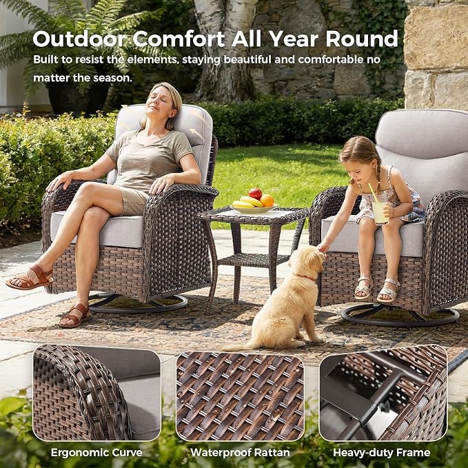 Luxury Patio Furniture Set with 6-inch Thick Cushions, Outdoor Furniture Set with High Back Swivel Chairs, 8 PCS Wicker Outdoor Conversation Set for Porch, Patio, Yard, Deck, Poolside, Brown/Beige