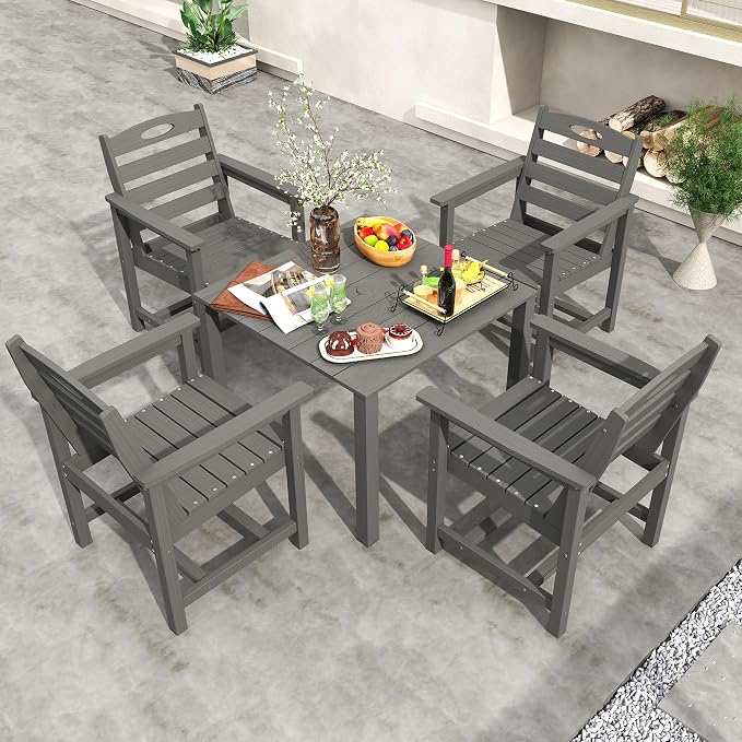 Domi HDPE Outdoor Dining Set, All-Weather Outdoor Dining Table Set of 5 with 2" Umbrella Hole, Outdoor Patio Dining Set for Garden, Poolside, Backyard, Deck, Grey